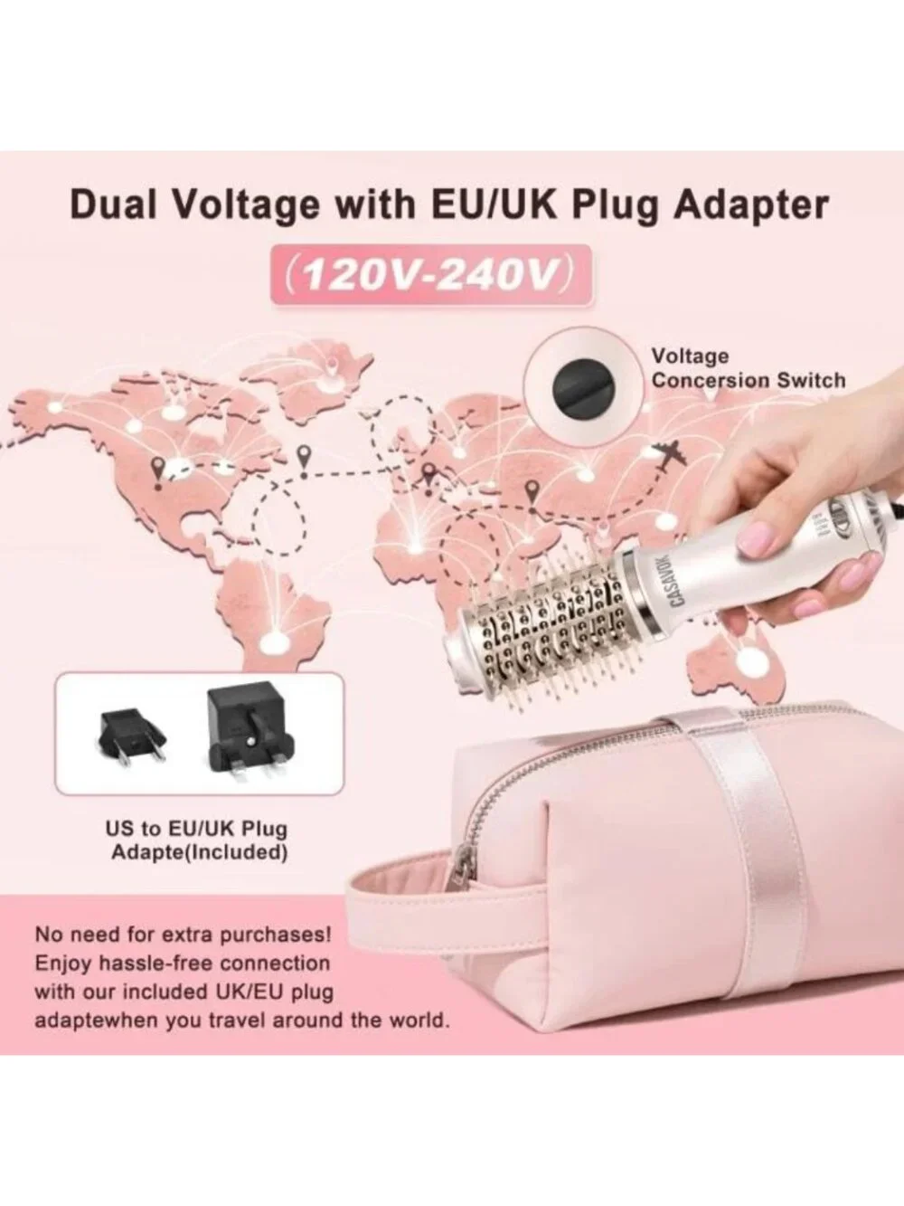 Compact Dual Voltage Travel Hair Dryer Brush - 110-240V Styling Tool